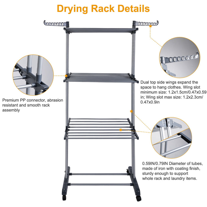 Foldable and Rolling Heavy Duty Clothes Drying Rack